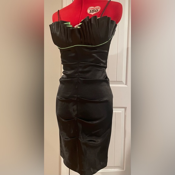 Y2k 90s Black & Lime Green Satin Ruched Sleeveless Mini Dress - Picture 8 of 16